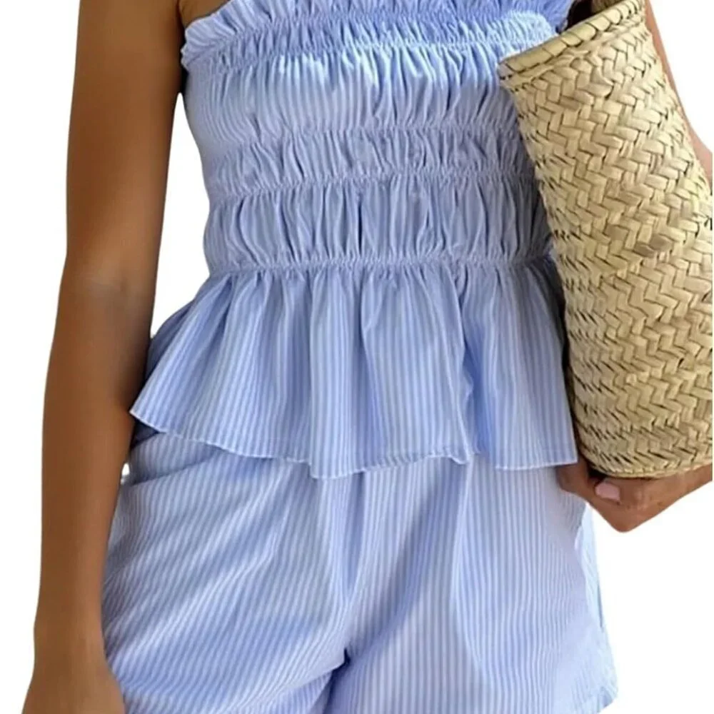 Women’s Summer 2 Piece Set Striped Shirred Bandeau Top & Shorts Casual Vacation
